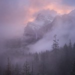 Misty sunset over Bridalveil Fall, 4:57 p.m. Saturday