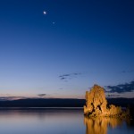 The moon, Venus, and Jupiter in the dawn sky over Mono Lake.