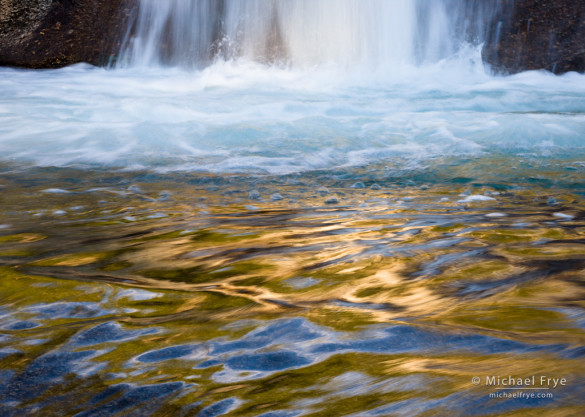 Reflections at the base of a small waterfall along the Tuolumne River. This shutter speed was a compromise: I wanted to freeze the ripples in the foreground, but blur the waterfall behind, so I settled on ⅛ of a second to get some blur while still preserving most of the texture in the ripples.