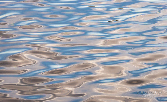 I loved the abstract patterns created by clouds reflected in the rippled surface of the lake. Again I used a fast shutter speed (1/125 sec.) and small aperture (f/22) to freeze the motion and get sufficient depth of field (ISO 400). The ripples were moving quickly, so I made a series of exposures with the same settings to try and capture the most interesting design.
