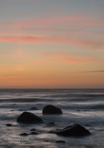 Rocks and the Pacific ocean at sunset, Redwood NP, CA, USA
