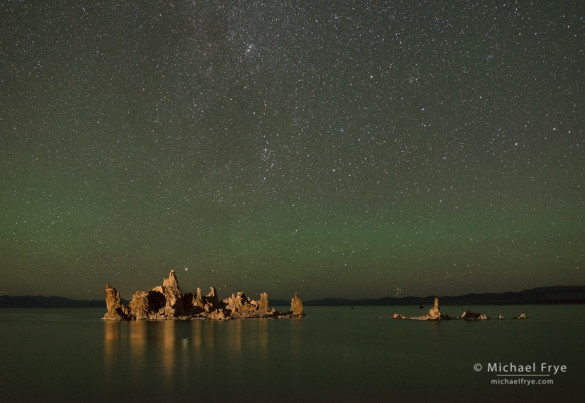 Tufa and stars at night with green airglow, Mono Lake, CA, USA