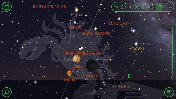 Star Walk screenshot, showing the position of Venus, Jupiter, and the moon on the morning of August 23rd