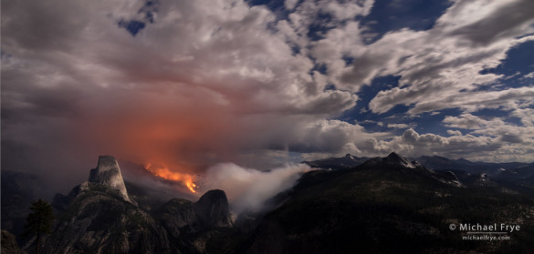 Meadow Fire burning in Little Yosemite Valley at night, with Half Dome on the left, Yosemite NP, CA, USA; 9-7-14