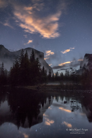 Clouds lit by the rising moon, Gates of the Valley, Yosemite NP, CA, USA