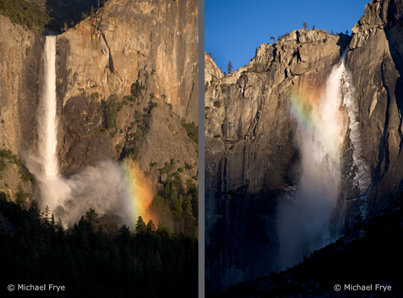 BVYF Two examples of off-center vertical compositions: Bridalveil Fall on the left is balanced by the rainbow on the right; Upper Yosemite Fall "faces" left, so it seems natural to place it slightly right of center