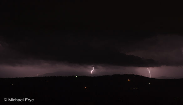 Lightning striking the Sierra foothills near Mariposa on Sunday night