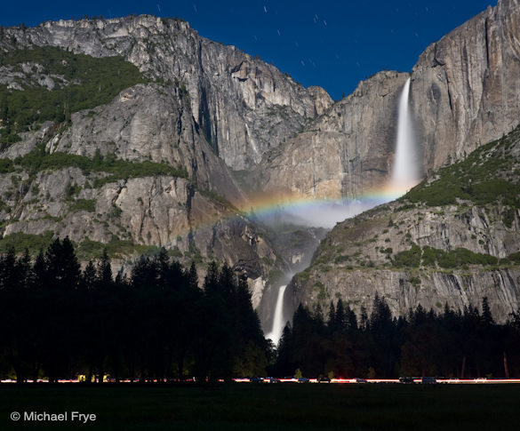 Copious mist created an exceptionally wide lunar rainbow on Upper Yosemite Fall last night.