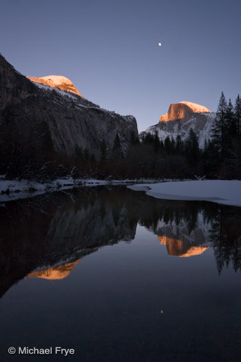 Half Dome and moon reflected in the Merced River, December 2007