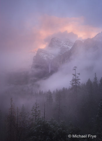 Misty sunset over Bridalveil Fall, 4:57 p.m. Saturday