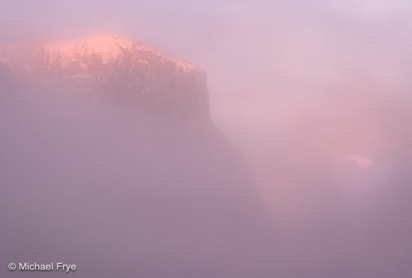 Half Dome and El Capitan through the mist at sunset, Monday, 5:11 p.m.