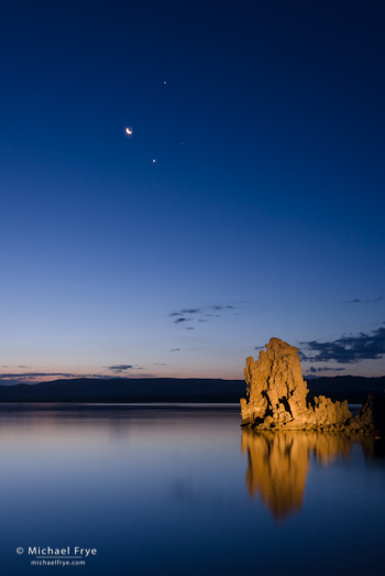The moon, Venus, and Jupiter in the dawn sky over Mono Lake.