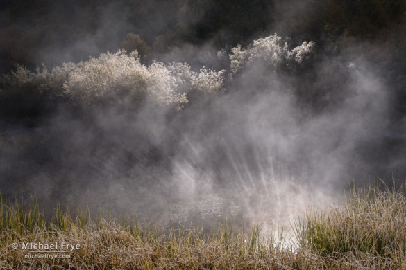 Sunbeams reflected upward into mist, Rush Creek, June Lake Loop, Inyo NF, CA, USA