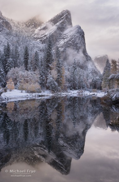 Three Brothers and the Merced River after an autumn snowstorm, Yosemite NP, CA, USA