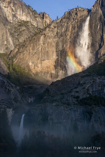 Upper and lower Yosemite Falls with a rainbow