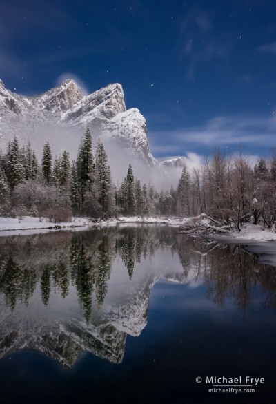 Three Brothers reflected in the Merced River on a moonlit night, Yosemite NP, CA, USA