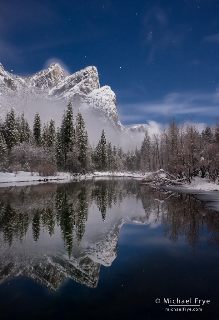 Three Brothers reflected in the Merced River on a moonlit night, Yosemite NP, CA, USA