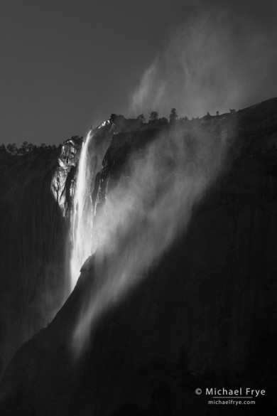 Windblown Horsetail Fall on a spring afternoon, Yosemite NP, CA, USA