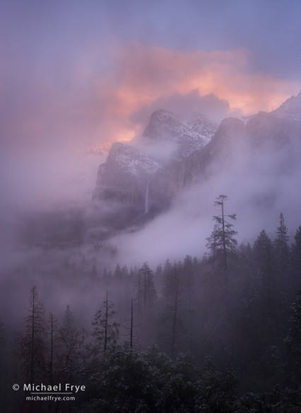 Misty sunset over Bridalveil Fall, Yosemite NP, CA, USA