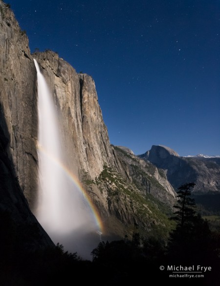 Half Dome and Upper Yosemite Fall with a lunar rainbow, Yosemite NP, CA, USA