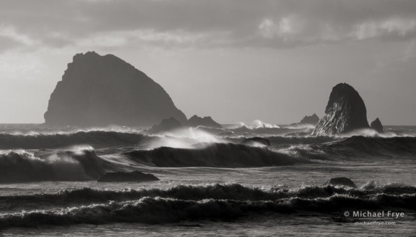 Waves and sea stacks, late afternoon, Redwood NP, CA, USA