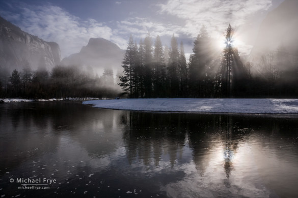 Half Dome, sunbeams, and the Merced River, Yosemite NP, CA, USA