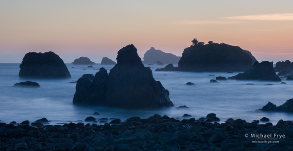 Sea stacks at sunset, Crescent City, CA, USA