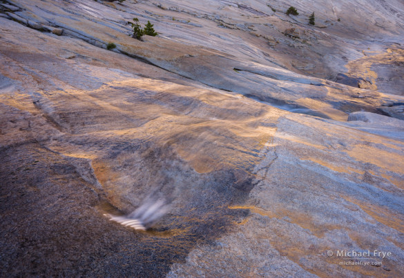 Creek descending through a granite basin. The sun was hitting the rocks just above the top of the frame, reflecting the gold color into the water, and even some of the polished rocks on the right.