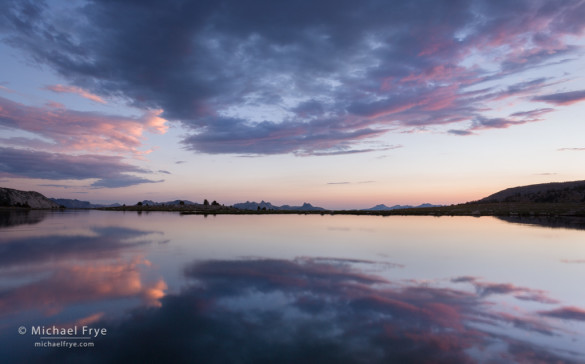 Sunset reflections in an alpine lake. The lake wasn't perfectly still, but close enough to create a classic mirror reflection. In these situations shutter speed doesn't matter much; here it was 1.5 seconds.