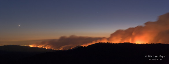 Looking west at the Rim Fire from near the Tioga Pass Rd. at dusk, with Venus setting, 8:57 p.m., 8/22/13, Yosemite NP, CA, USA