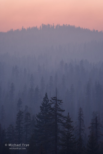 Pastel-colored smoke from the Rim Fire at sunset, 8/26/13, Yosemite NP, CA, USA