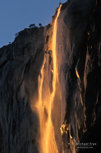 Horsetail Fall at sunset, Yosemite. Another backlit, translucent subject against a dark background.