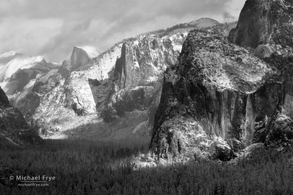 Half Dome, Sentinel Rock, and Bridalveil Fall after a snowstorm, Yosemite NP, CA, USA,