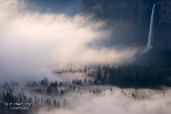 Bridalveil Fall, mist, and trees; zooming in on the mist and waterfall leaves only the essentials.