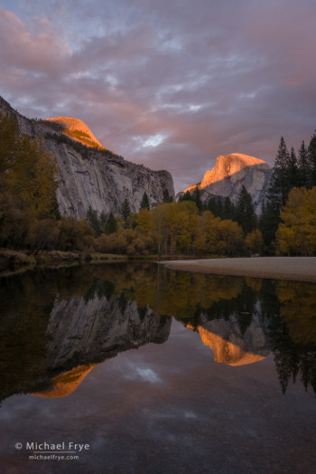 Autumn sunset, Half Dome, North Dome, and the Merced River, Yosemite NP, CA, USA