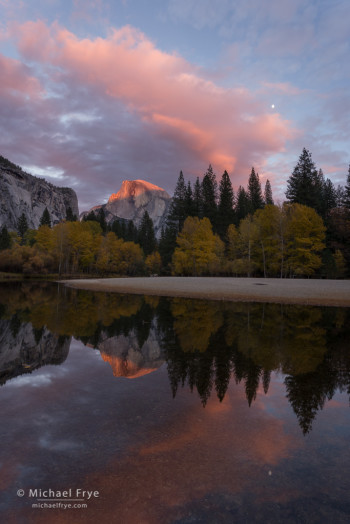 Half Dome, moon, and the Merced River at sunset, Yosemite NP, CA, USA