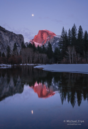 Half Dome and moon at sunset, Yosemite NP, CA, USA