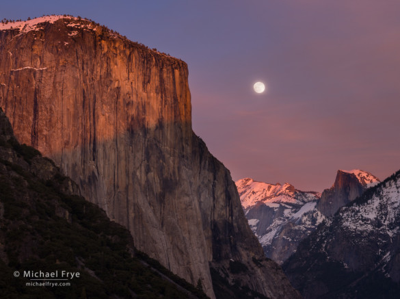 Moon rising between El Capitan and Half Dome from Tunnel View, Yosemite NP, CA, USA