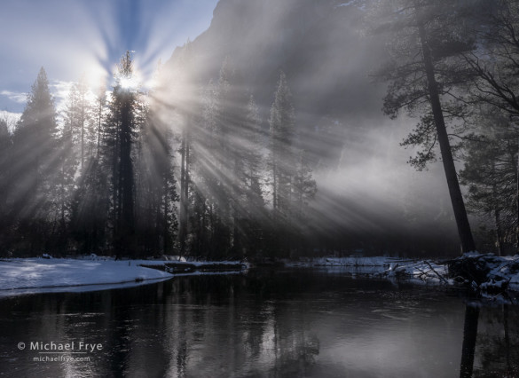 Sunbeams and mist along the Merced River, Yosemite NP, CA, USA