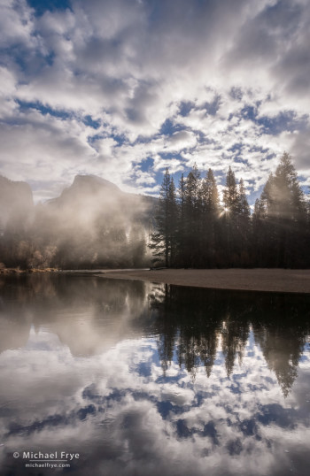 Misty sunrise, Half Dome, Merced River, and clouds, Yosemite NP, CA, USA