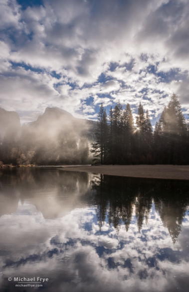 Misty sunrise, Half Dome, Merced River, and clouds, Yosemite NP, CA, USA