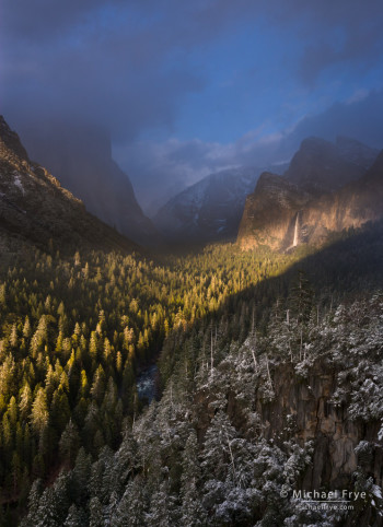 Beam of light striking Bridalveil Fall, Yosemite NP, CA, USA