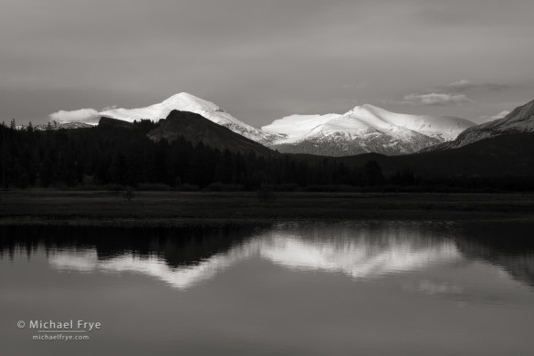 Mt. Dana and Mt. Gibbs reflected in a snowmelt pond, Tuolumne Meadows, Yosemite NP, CA, USA