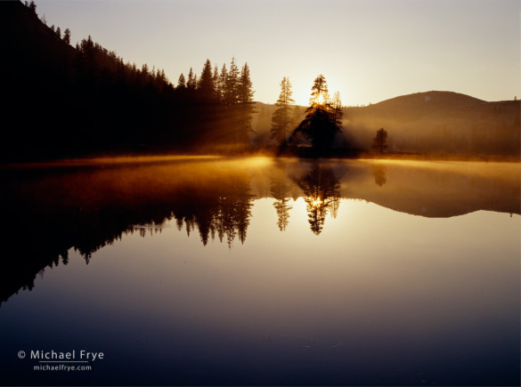 Pond and mist at sunset, Tuolumne Meadows, Yosemite NP, CA, USA