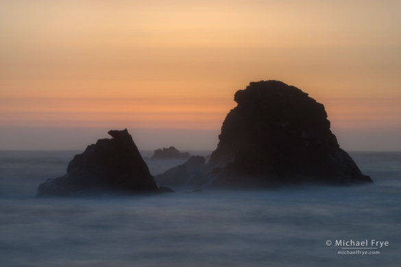 Sea stacks at sunset, Crescent City, CA, USA