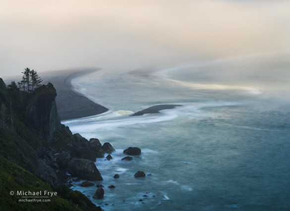 Fog and waves at the mouth of the Klamath River, Redwood NP, CA, USA