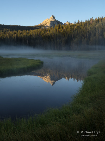 Unicorn Peak reflected in a pond at sunrise, Tuolumne Meadows, Yosemite NP, CA, USA