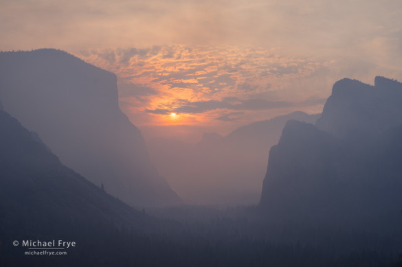 Sun rising through smoke from the El Portal Fire, 7/28/14, Yosemite NP, CA, USA