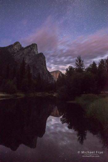 Stars and clouds over Three Brothers, Yosemite NP, CA, USA