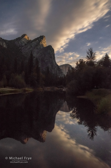 Three Brothers with moonlit clouds and reflections, Yosemite NP, CA, USA